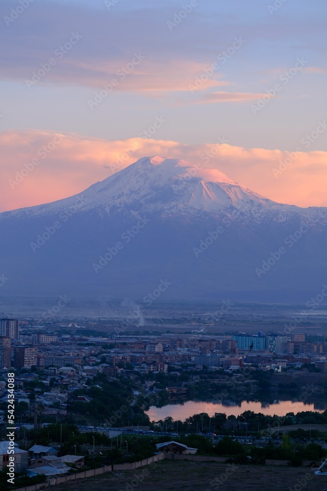 Vertical shot of Greater Ararat at sunset. Yerevan, Armenia.