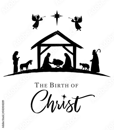 Fotografia The Birth of Christ, Christmas nativity scene in black color