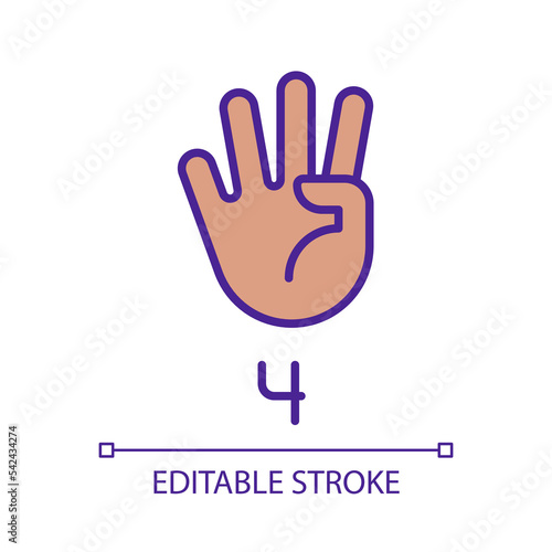 Digit four sign in ASL pixel perfect RGB color icon. Nonverbal communication performing. Modality. Isolated vector illustration. Simple filled line drawing. Editable stroke. Arial font used