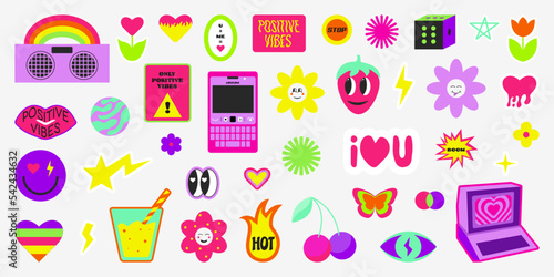 Collection of cute stickers. Funky, hipster stickers. y2k style.