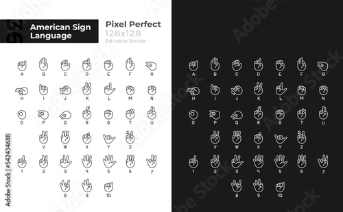 American sign language pixel perfect linear icons set for dark, light mode. Thin line symbols for night, day theme. Isolated illustrations. Editable stroke. Montserrat Bold, Light fonts used