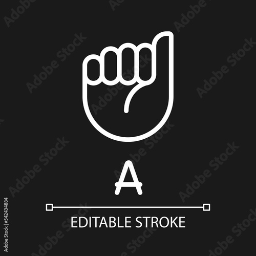 Letter A in American sign language pixel perfect white linear icon for dark theme. Communication system. Thin line illustration. Isolated symbol for night mode. Editable stroke. Arial font used photo