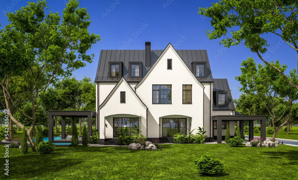 3d rendering of cute cozy white and black modern Tudor style house with parking and pool for sale or rent with beautiful landscaping. Fairy roofs. Clear sunny summer day with blue sky. 3d rendering of cute cozy white and black modern Tudor style house with parking and pool for sale or rent with beautiful landscaping. Fairy roofs. Clear sunny summer day with blue sky.