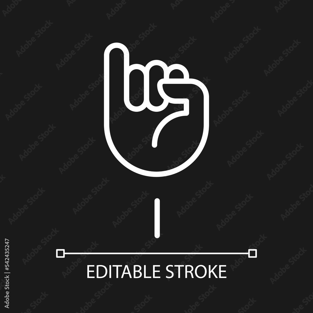 Letter I in American sign language pixel perfect white linear icon for dark theme. Nonverbal communication. Thin line illustration. Isolated symbol for night mode. Editable stroke. Arial font used Letter I in American sign language pixel perfect white linear icon for dark theme. Nonverbal communication. Thin line illustration. Isolated symbol for night mode. Editable stroke. Arial font used