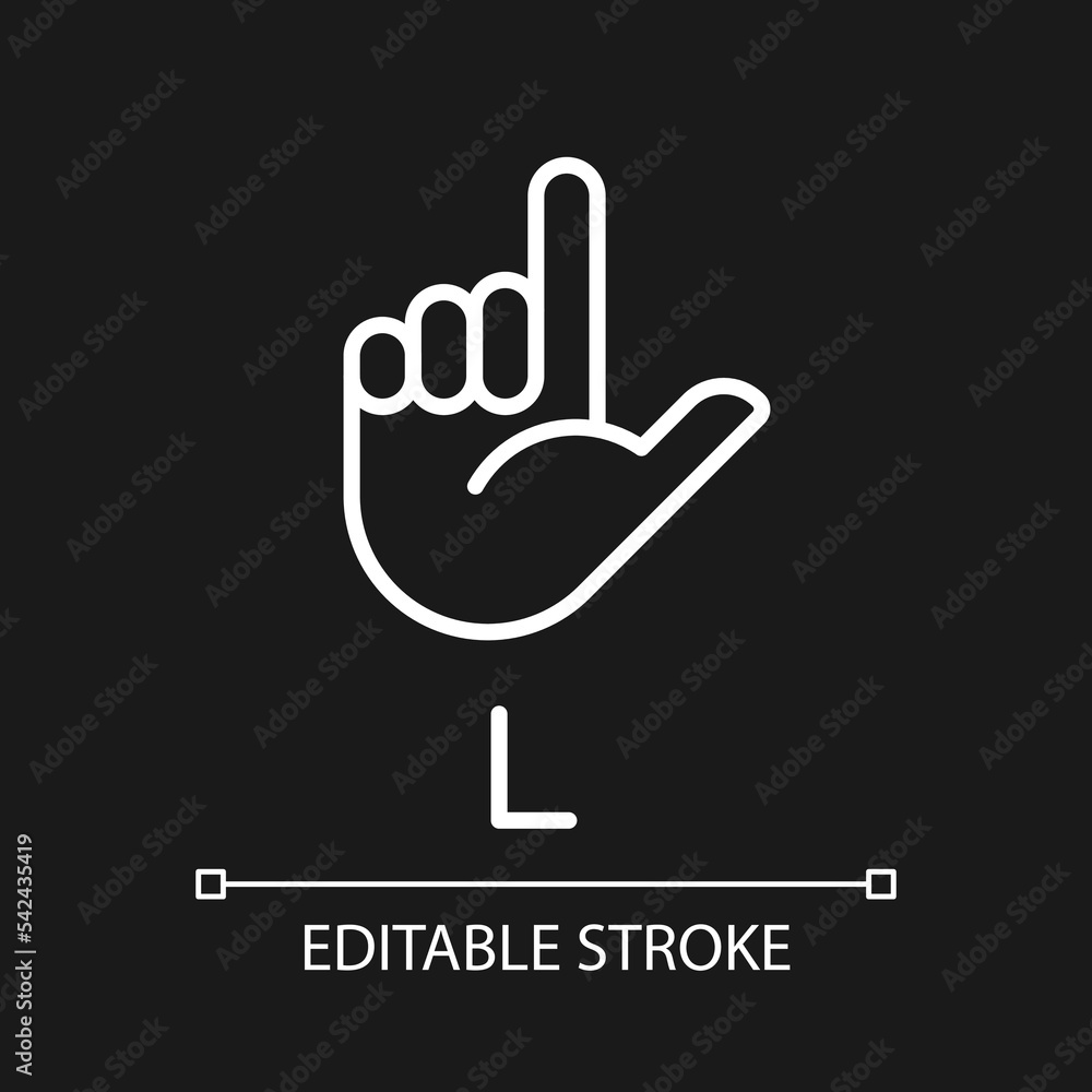 Letter L in American sign language pixel perfect white linear icon for dark theme. Communication system. Thin line illustration. Isolated symbol for night mode. Editable stroke. Arial font used Letter L in American sign language pixel perfect white linear icon for dark theme. Communication system. Thin line illustration. Isolated symbol for night mode. Editable stroke. Arial font used