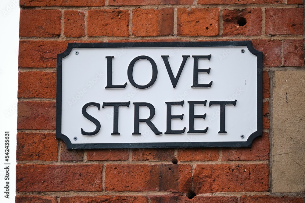 Closeup of a ''Love Street'' road sign isolated on a brick wall Closeup of a ''Love Street'' road sign isolated on a brick wall