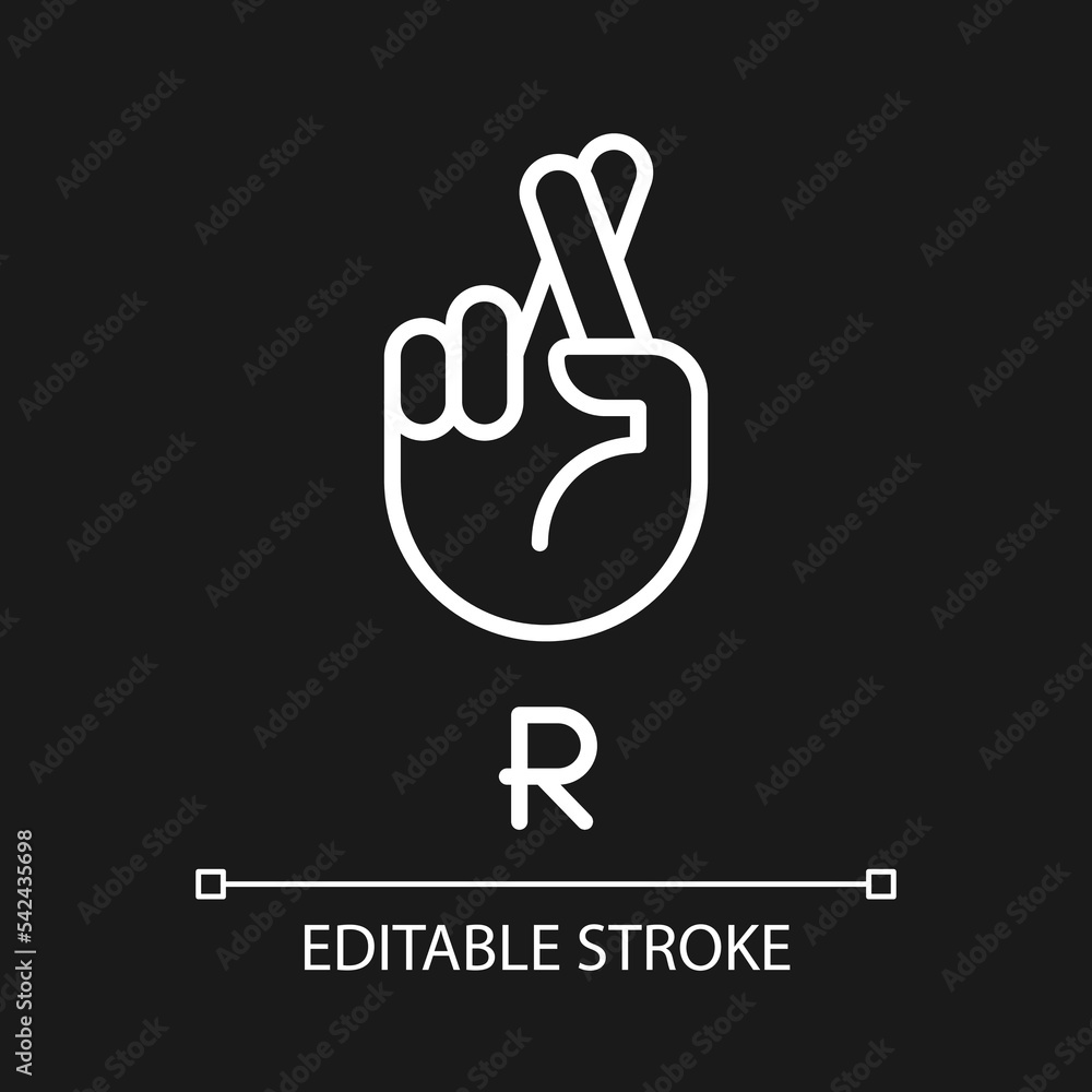Letter R in American sign language pixel perfect white linear icon for dark theme. Connecting gestures. Thin line illustration. Isolated symbol for night mode. Editable stroke. Arial font used Letter R in American sign language pixel perfect white linear icon for dark theme. Connecting gestures. Thin line illustration. Isolated symbol for night mode. Editable stroke. Arial font used