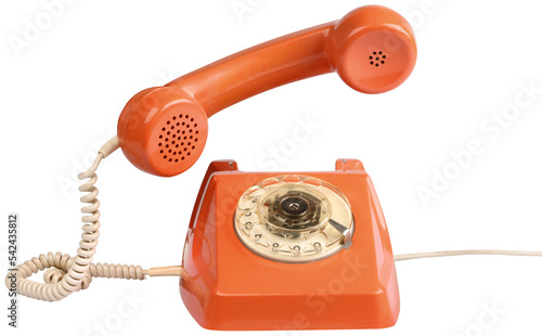 Vintage orange telephone with handset lifted, isolated