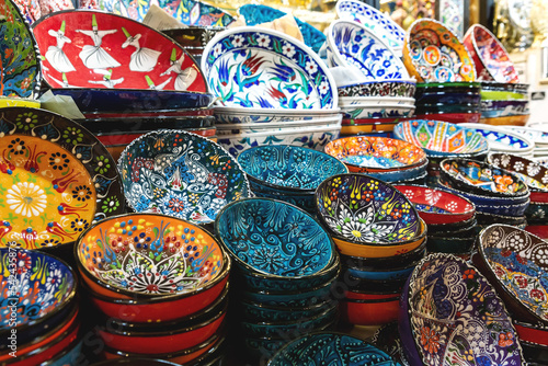 Photography Stack of classical traditional Turkish ceramics, handmade colorful dishes at the Istanbul Grand Bazaar