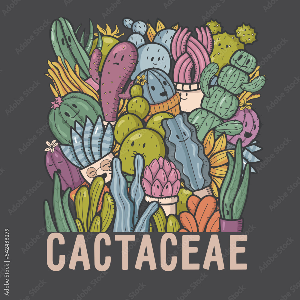 Cute bright cacti are gathered together and the inscription on a dark background. Beautiful design. For flower and plant shop, garden, seeds, children's illustration. Cute cactus characters. Vector