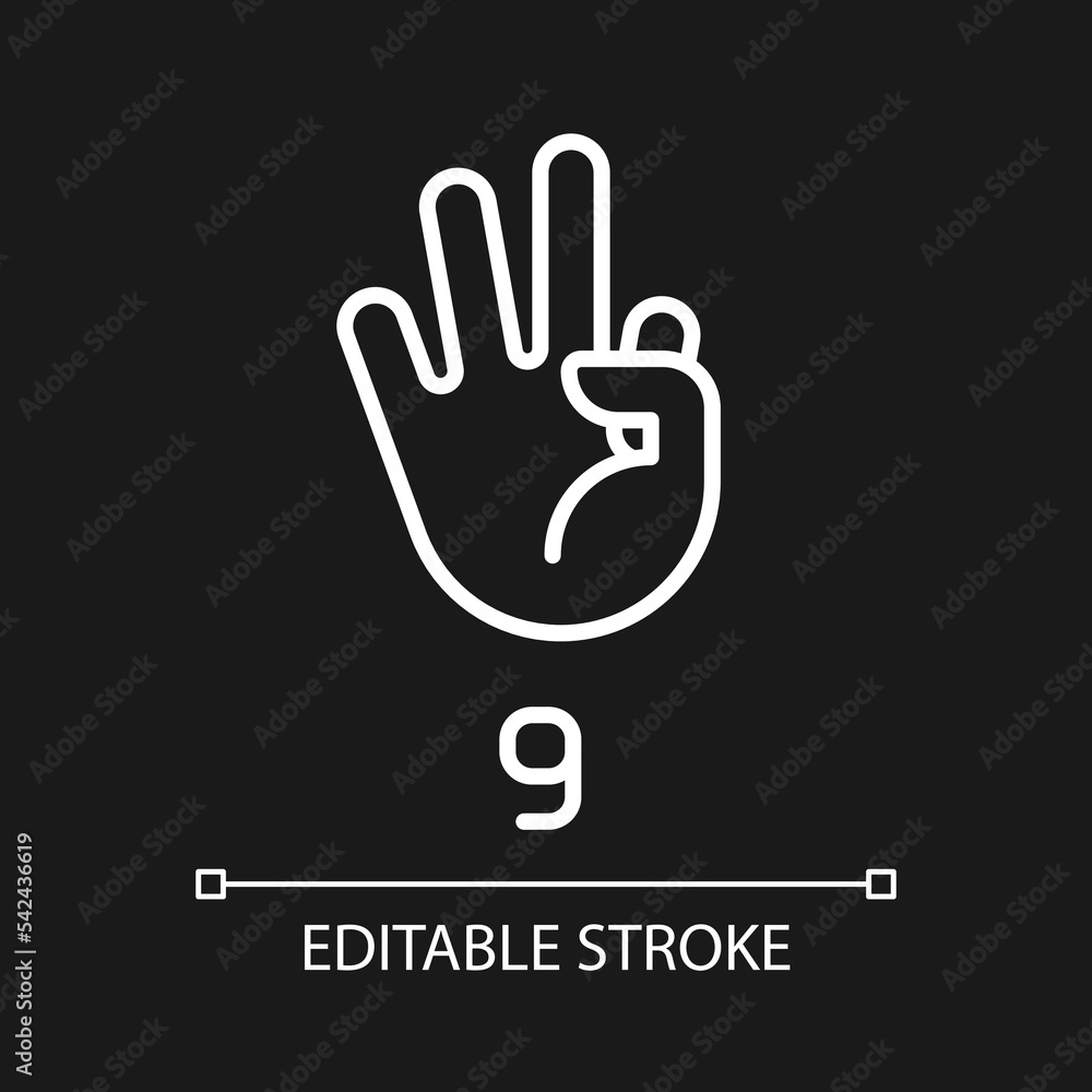 Signing digit nine in ASL pixel perfect white linear icon for dark theme. Non verbal language system. Thin line illustration. Isolated symbol for night mode. Editable stroke. Arial font used Signing digit nine in ASL pixel perfect white linear icon for dark theme. Non verbal language system. Thin line illustration. Isolated symbol for night mode. Editable stroke. Arial font used