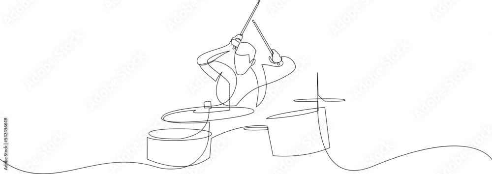 Continuous line drawing of a man playing drum isolated on white background. A drummer person one line art. Vector illustration. - obrazy, fototapety, plakaty 