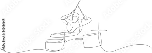 Foto Continuous line drawing of a man playing drum isolated on white background