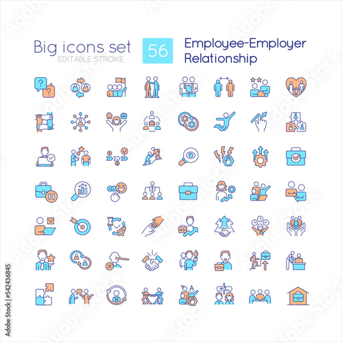 Employee employer relationship RGB color icons set. Interaction with human resources. Isolated vector illustrations. Simple filled line drawings collection. Editable stroke. Quicksand-Light font used