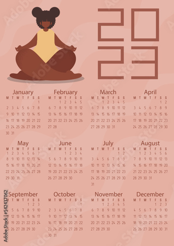 Vector. Calendar 2023. Pastel colors, flowers, people. African American girl doing yoga. Healthy lifestyle.