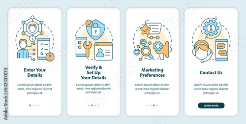 Online banking registration guide onboarding mobile app screen. Walkthrough 4 steps editable graphic instructions with linear concepts. UI, UX, GUI template. Myriad Pro-Bold, Regular fonts used