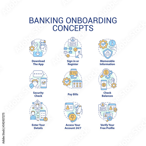 Banking onboarding journey concept icons set. Digital wallet. Online customer service idea thin line color illustrations. Isolated symbols. Editable stroke. Roboto-Medium, Myriad Pro-Bold fonts used