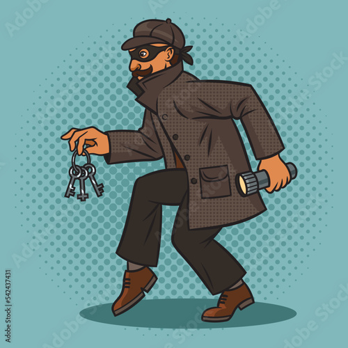 Thief sneaks at night with keys and a flashlight pinup pop art retro vector illustration. Comic book style imitation.