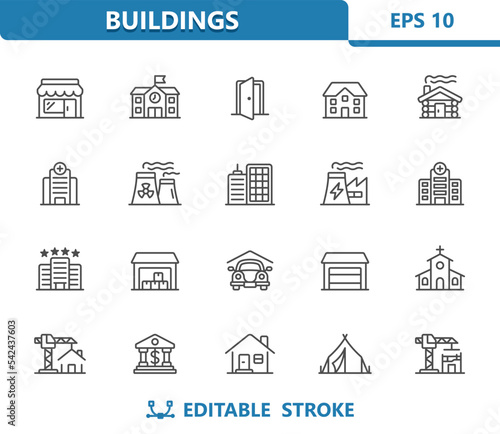 Buildings Icons. Real Estate, Building, House, Store, School, Garage, Hotel, Church, Cabin, Hospital, Factory Vector Icon Set