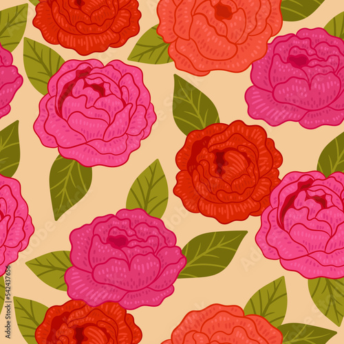 Seamless pattern with red and pink roses. Vector graphics.