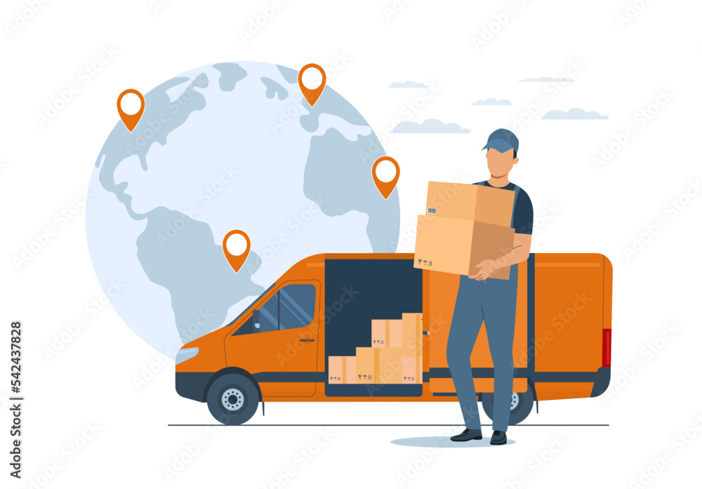 Delivery service concept. World map, cargo van and courier with boxes. Vector illustration. Delivery service concept. World map, cargo van and courier with boxes. Vector illustration.