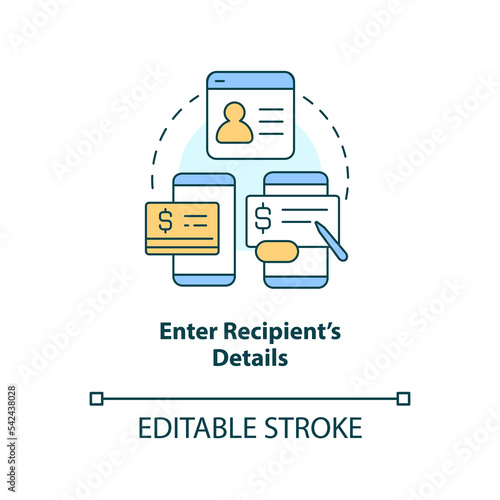 Enter recipient details concept icon. Banking onboarding. Transfer money activity abstract idea thin line illustration. Isolated outline drawing. Editable stroke. Arial, Myriad Pro-Bold fonts used