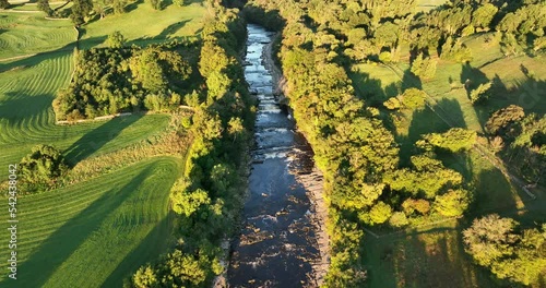 Flying above river going through the English countryside