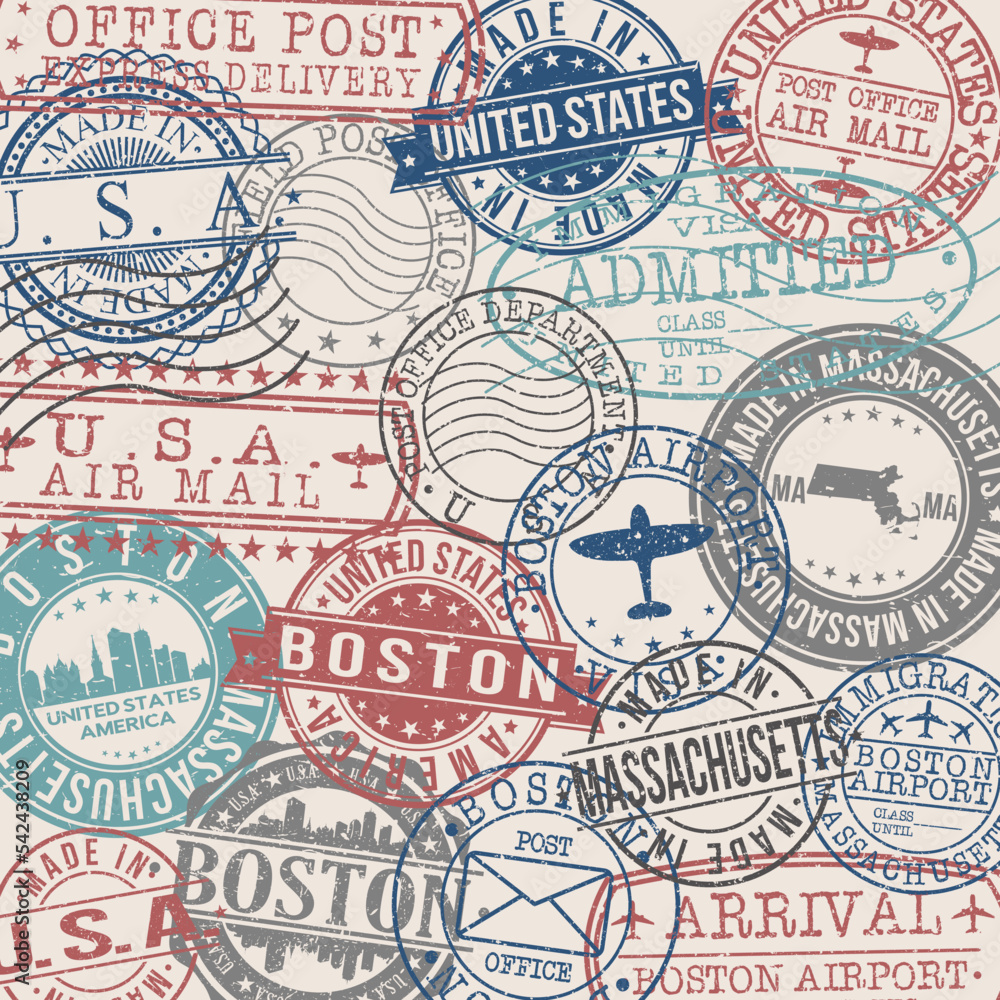 Boston, MA, USA Set of Stamps. Travel Stamp. Made In Product. Design Seals Old Style Insignia.
