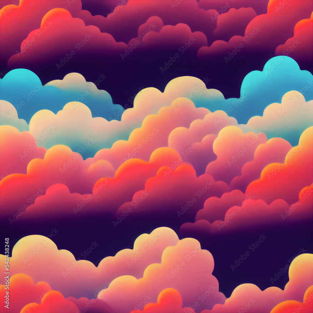 Seamless pattern of hand-drawn colorful clouds. Sky watercolor background. Puffy clouds of different colors.