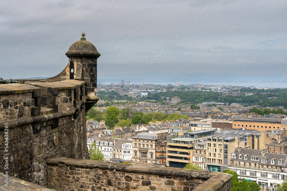 Beautiful shot of a turret at Edinburgh Castle overlooking the city