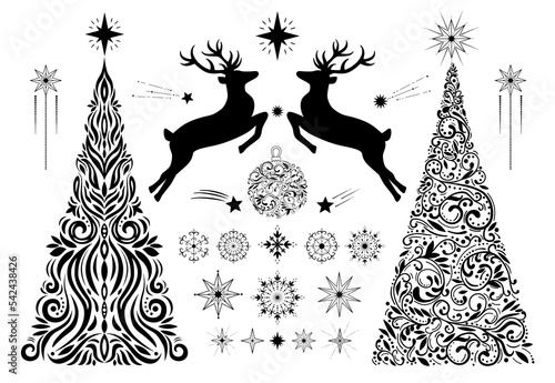 Hand drawn set of decorative Christmas trees, reindeers, snowflakes and stars. Happy New Year collection for winter holidays. Vector sketch elements. Illustration isolated on white background