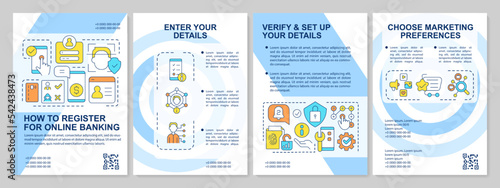 Banking app registration blue brochure template. Digital wallet. Leaflet design with linear icons. Editable 4 vector layouts for presentation, annual reports. Arial, Myriad Pro-Regular fonts used