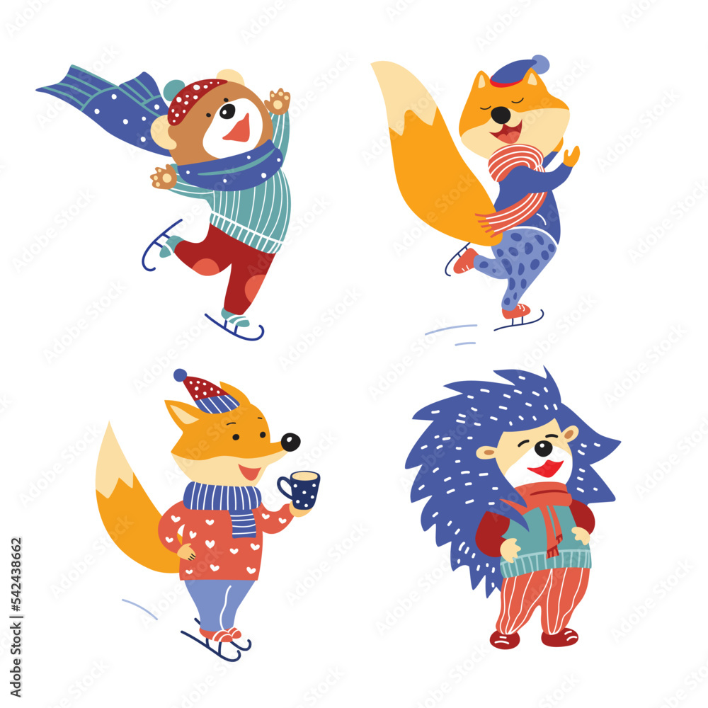 Cute cartoon foxes with ice skates, a bear cub and a hedgehog. Winter sports.