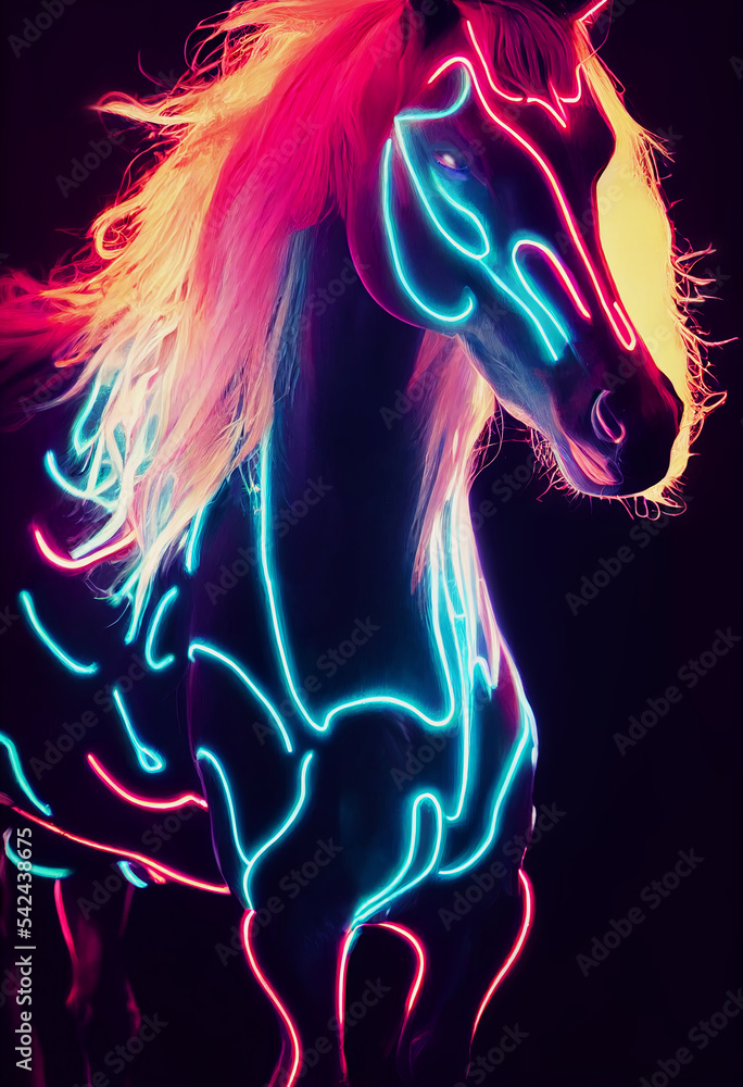 Stylish portrait of a horse in neon light. The horse runs illuminated by blue and red lights. Hand-painted animal oil painting for interior decoration. Stylish portrait of a horse in neon light. The horse runs illuminated by blue and red lights. Hand-painted animal oil painting for interior decoration.