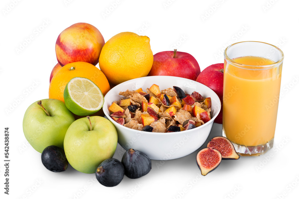 Diet weight loss breakfast concept with tape measure, fruit and cereal Diet weight loss breakfast concept with tape measure, fruit and cereal