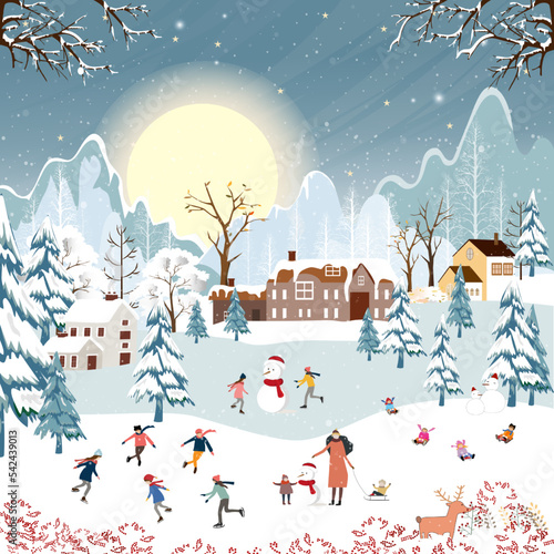 Winter scene landscape on Christmas night,Vector banner cute winter wonderland in the town with happy kids sledding and playing ice skates in the park,Merry Christmas ,New year 2023 background