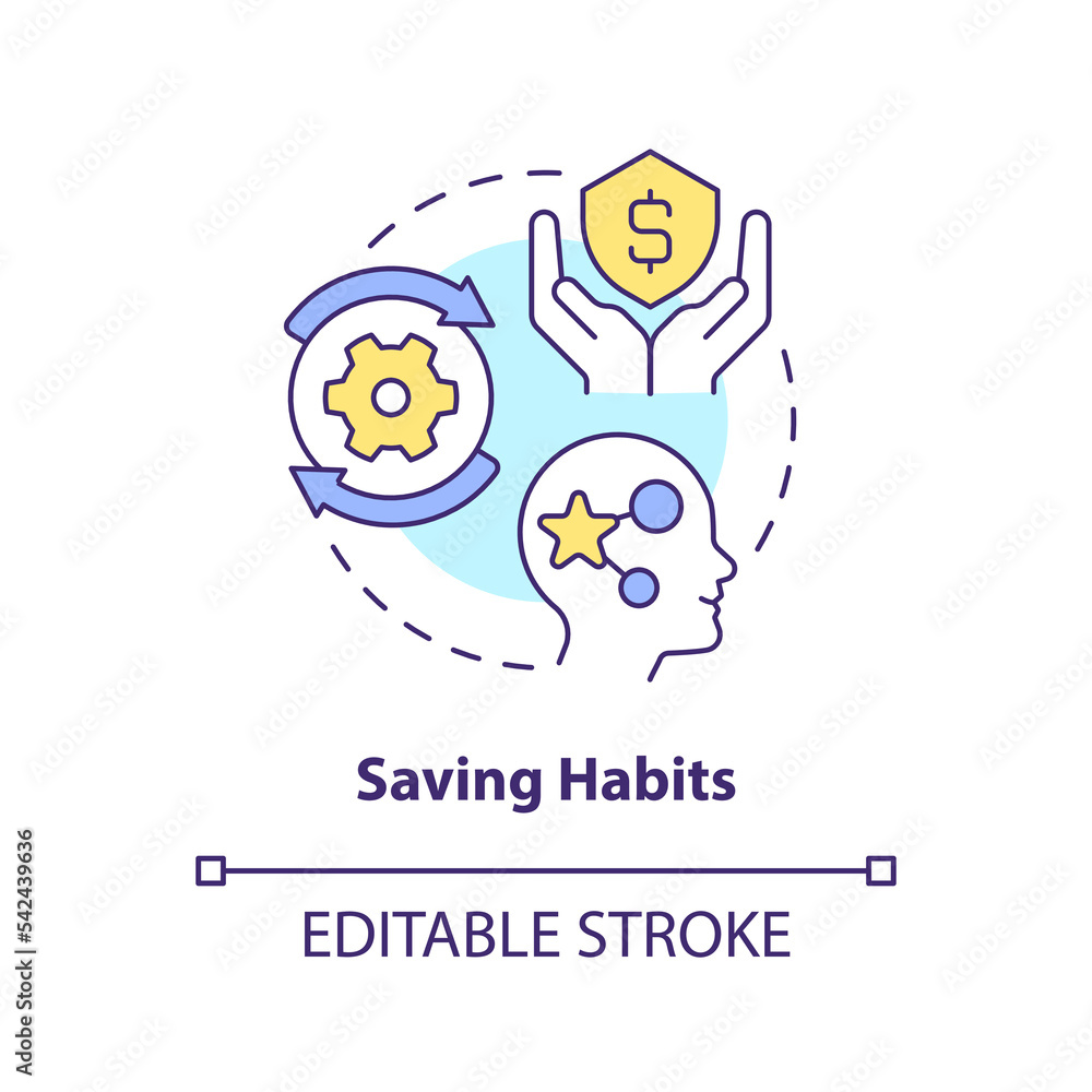 Saving habits concept icon. Insurance policies benefit. Inculcate economy literacy abstract idea thin line illustration. Isolated outline drawing. Editable stroke. Arial, Myriad Pro-Bold fonts used