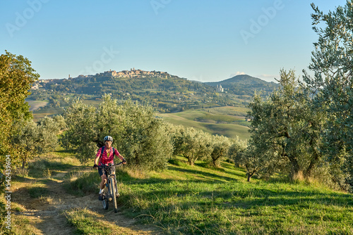 nice senior woman riding her electric mountain bike between olive trees in the Ghianti area with medieval city of Montepulciano in background, Tuscany , Italy