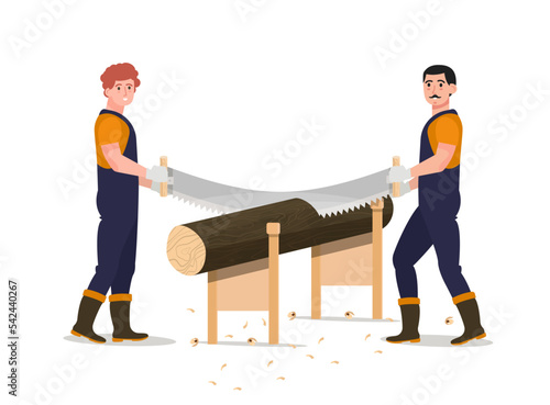Men sawing the log with a manual saw. Woodcutters, carpenter working. Firewood preparation. Poster, banner. Flat vector illustration.