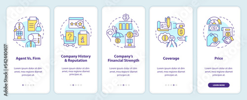 Tips for choosing insurance company onboarding mobile app screen. Walkthrough 5 steps editable graphic instructions with linear concepts. UI, UX, GUI template. Myriad Pro-Bold, Regular fonts used