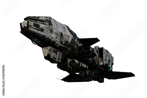 3D rendering of a dirty old sci-fi space ship isolated on transparent background.and seen from underneath.