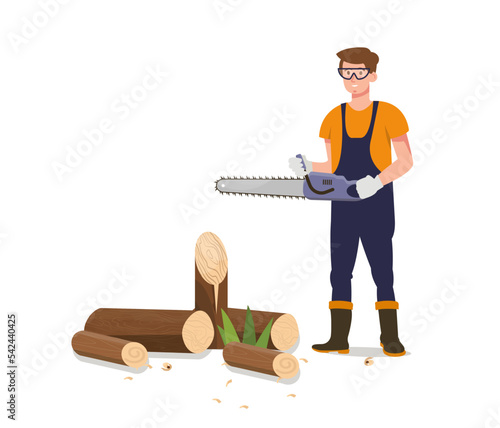 Worker sawing logs with electric saw.  Timber wood, lumberjacks. Woodcutter, carpenter working.  Firewood preparation. Poster, banner. Flat vector illustration