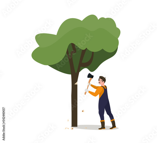 Worker chopping the tress with an axe.  Cutting logs. Timber wood, lumberjacks. Woodcutter, carpenter working.  Firewood preparation. Poster, banner. Flat vector illustration