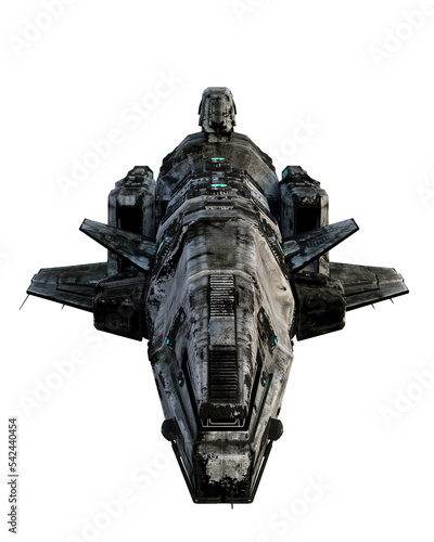 Fototapeta Naklejka Na Ścianę i Meble -  3D rendering of a dirty old sci-fi space ship isolated on transparent background.viewed from above the front.