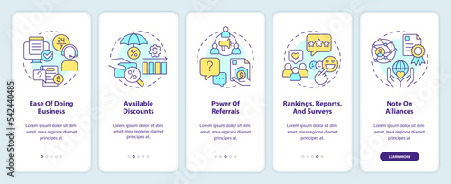Choose right insurance company onboarding mobile app screen. Walkthrough 5 steps editable graphic instructions with linear concepts. UI, UX, GUI template. Myriad Pro-Bold, Regular fonts used