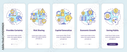 Benefits of insurance coverage onboarding mobile app screen. Walkthrough 5 steps editable graphic instructions with linear concepts. UI, UX, GUI template. Myriad Pro-Bold, Regular fonts used