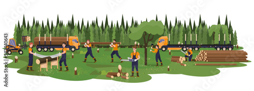 Deforestation, cutting of wood. Fire wood preparation. Forest fell. Energy crisis. Wood fuel industry. Sawing, chopping, cutting of trees, logs by workers, woodcutters. Flat vector illustration. photo