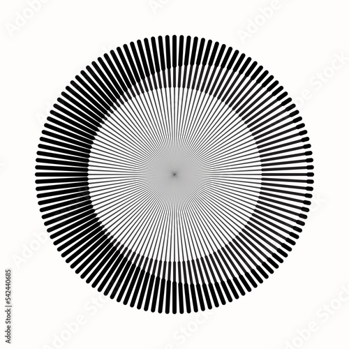 Circle from radial lines as icon or logo. Black design element on white background. Art lines design.