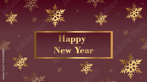 The background is dark with golden snowflakes Happy New Year
