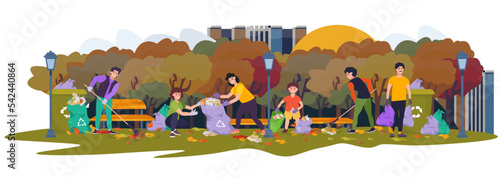 Group of people cleaning up park from old leaves and waste, plastic, rubbish. Earth day. Environment protection, ecosystem concept. Clean-up of the territory. Man raking leaves. Collecting garbage